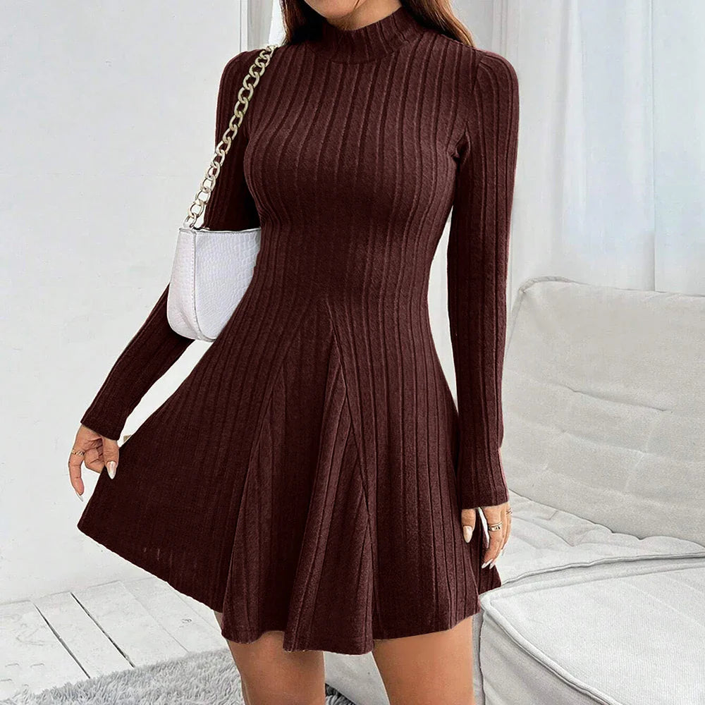 Lioren — Ribbed Mock Neck Dress with Flared Hem and Stretch Fit