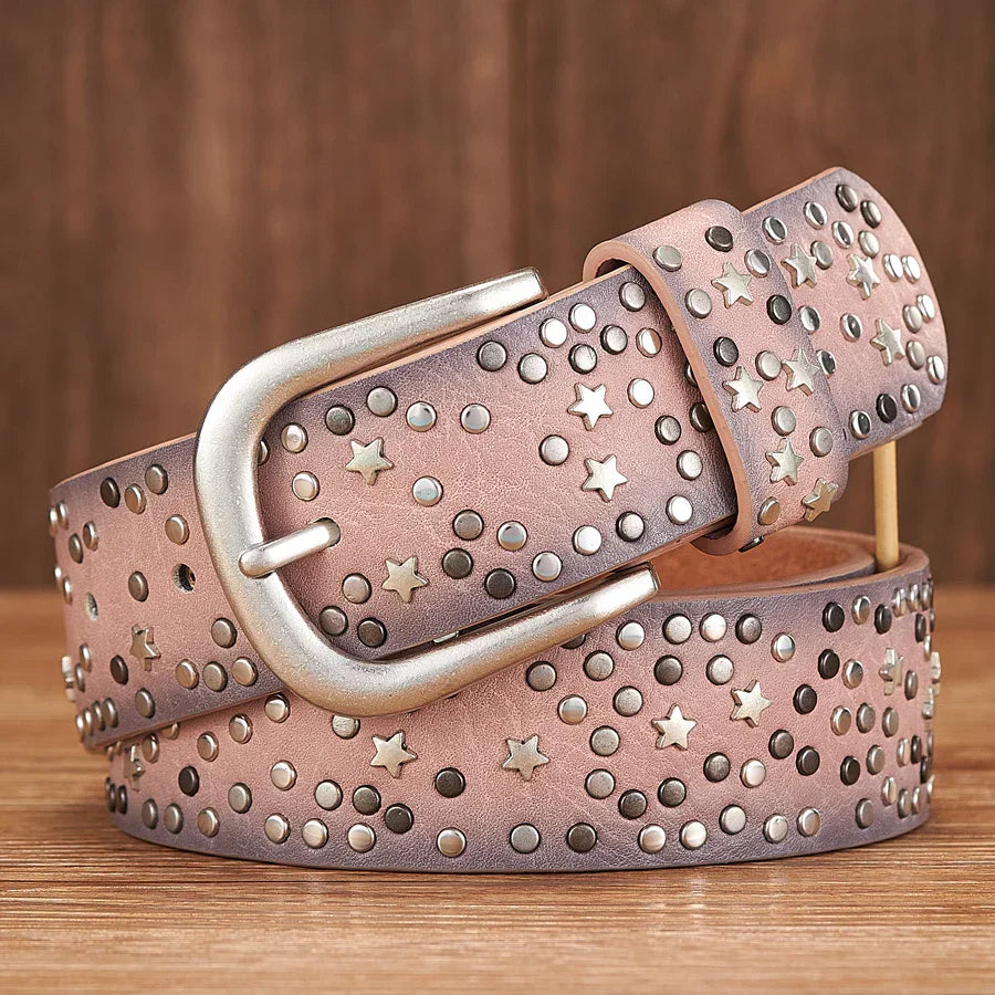 Liora — Genuine Leather Studded Belt with Star Accents