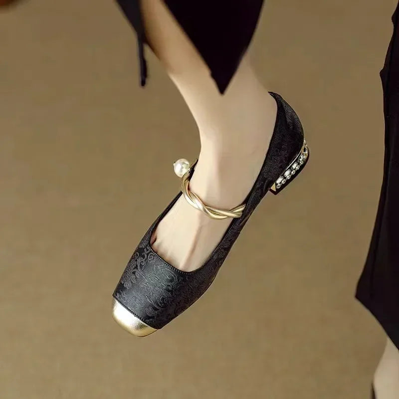 Aloria Silk Pumps — Vintage Style with Pearl Strap and Low Heel