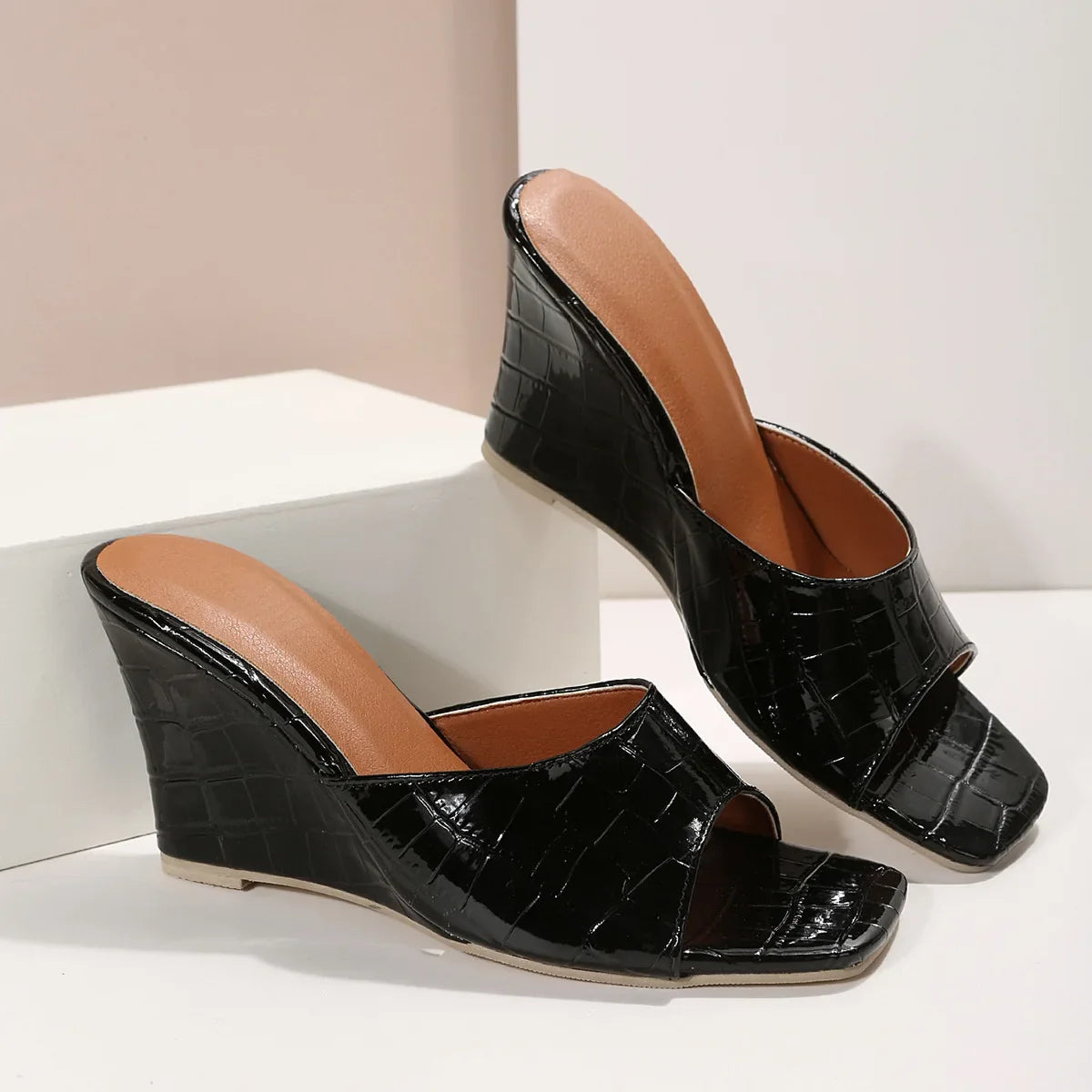 Liora — Croc-Embossed Wedge Mules with Open Square Toe