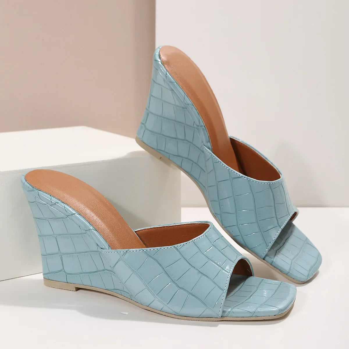 Liora — Croc-Embossed Wedge Mules with Open Square Toe