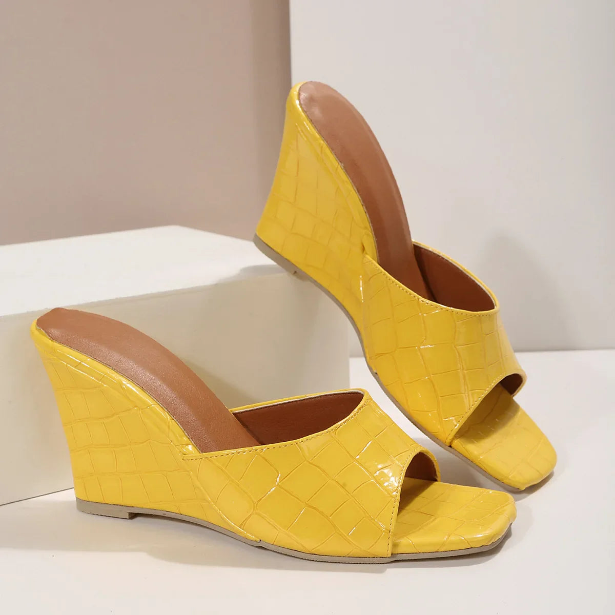 Liora — Croc-Embossed Wedge Mules with Open Square Toe