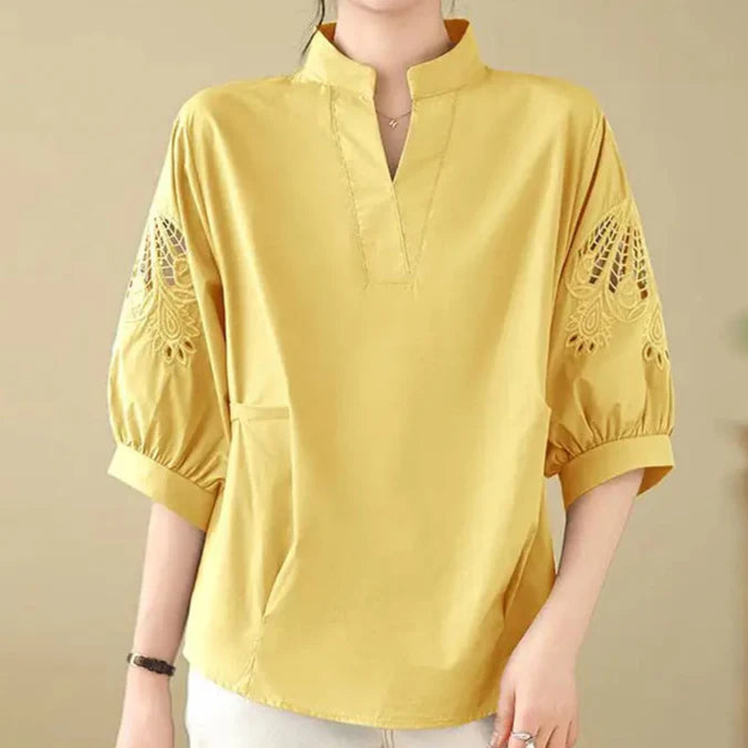 Celinora — Soft Linen Blend Floral Sleeve Top with V-Notch Neckline