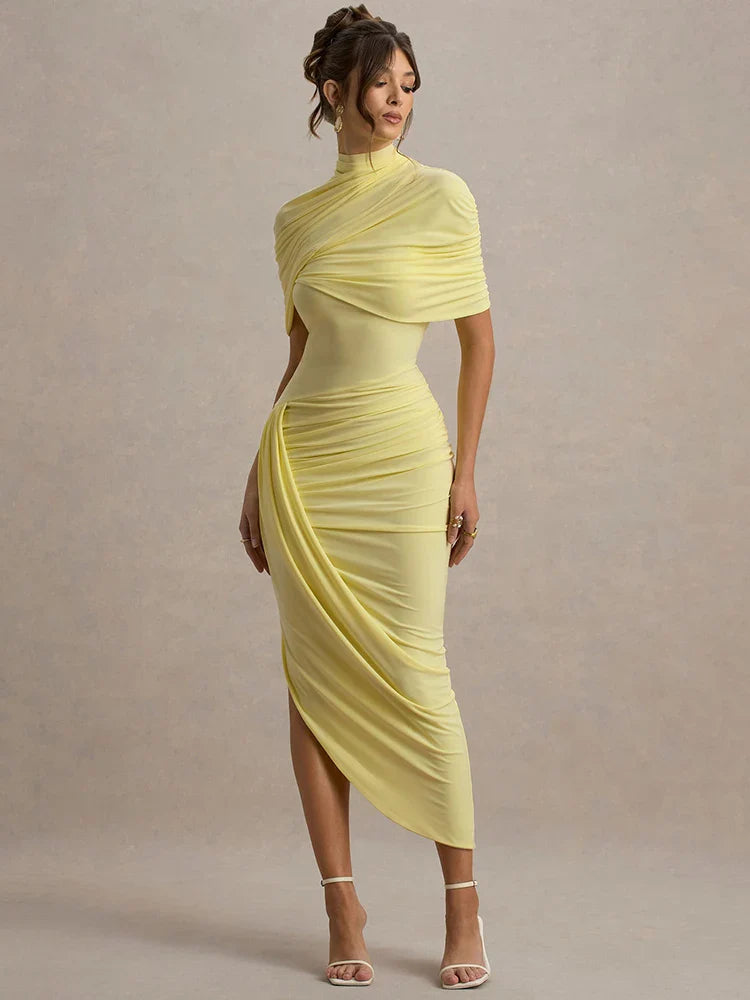 Arlenza — Backless Maxi Dress with Ruched Waist and Turtleneck