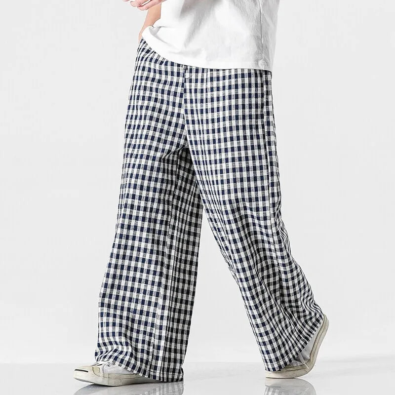 Larkford — Vintage Wide-Leg Check Trousers with Elastic Waistband