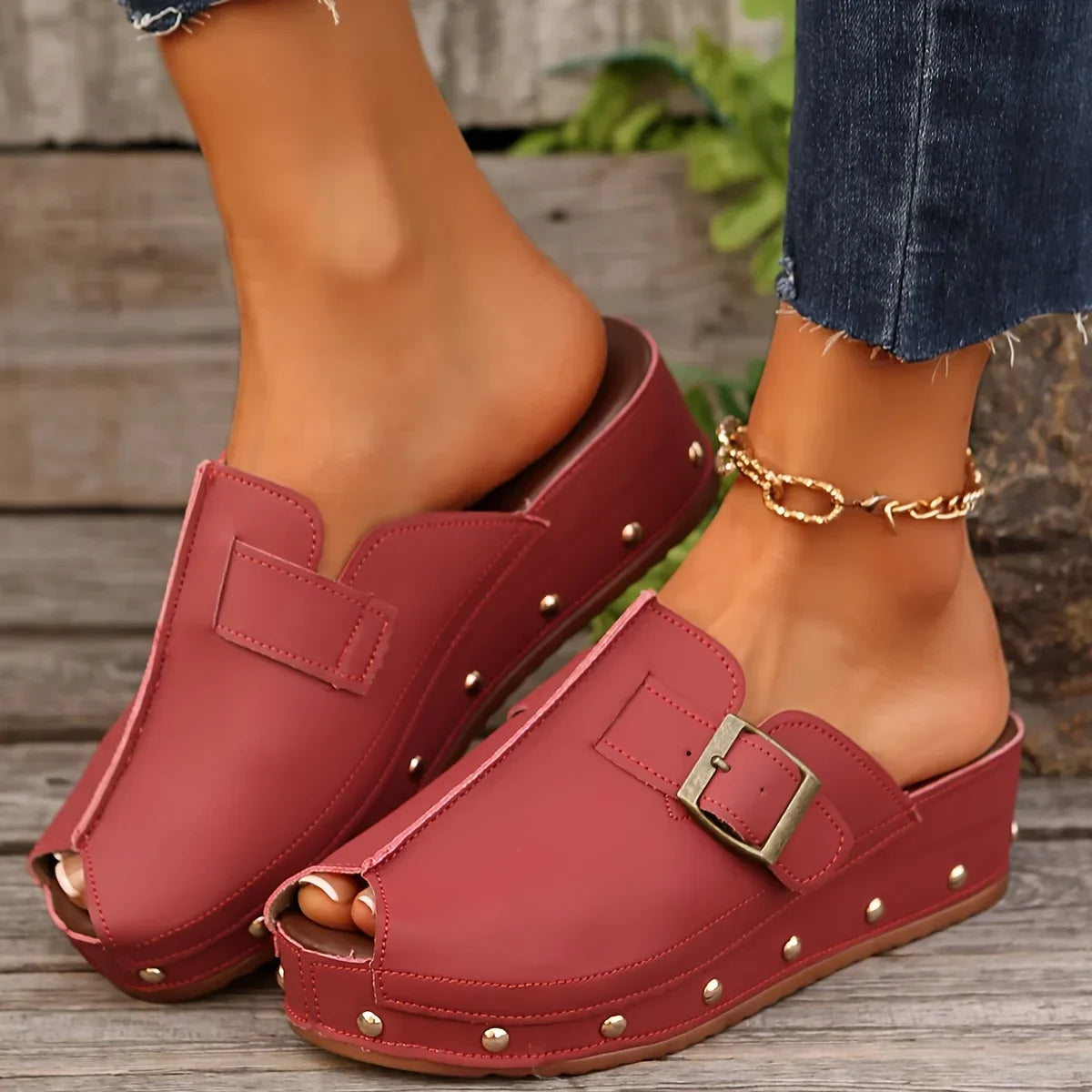 Liora — Women’s Vegan Leather Wedge Mules with Studded Sole