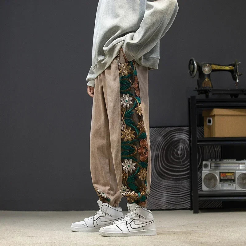 Arlenia — Vintage Cotton Pants with Floral Embroidery and Pockets