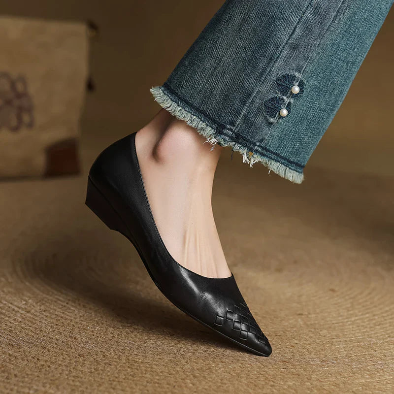 Emara Woven Leather Pumps — Genuine Leather Pointed Toe with Comfortable Wedge Heel