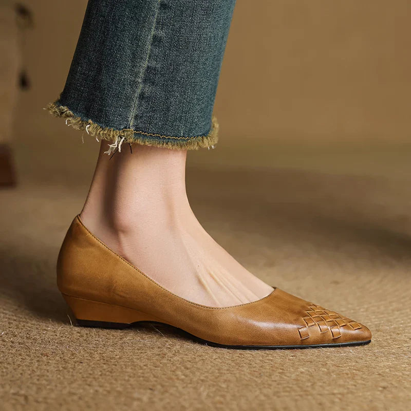 Emara Woven Leather Pumps — Genuine Leather Pointed Toe with Comfortable Wedge Heel