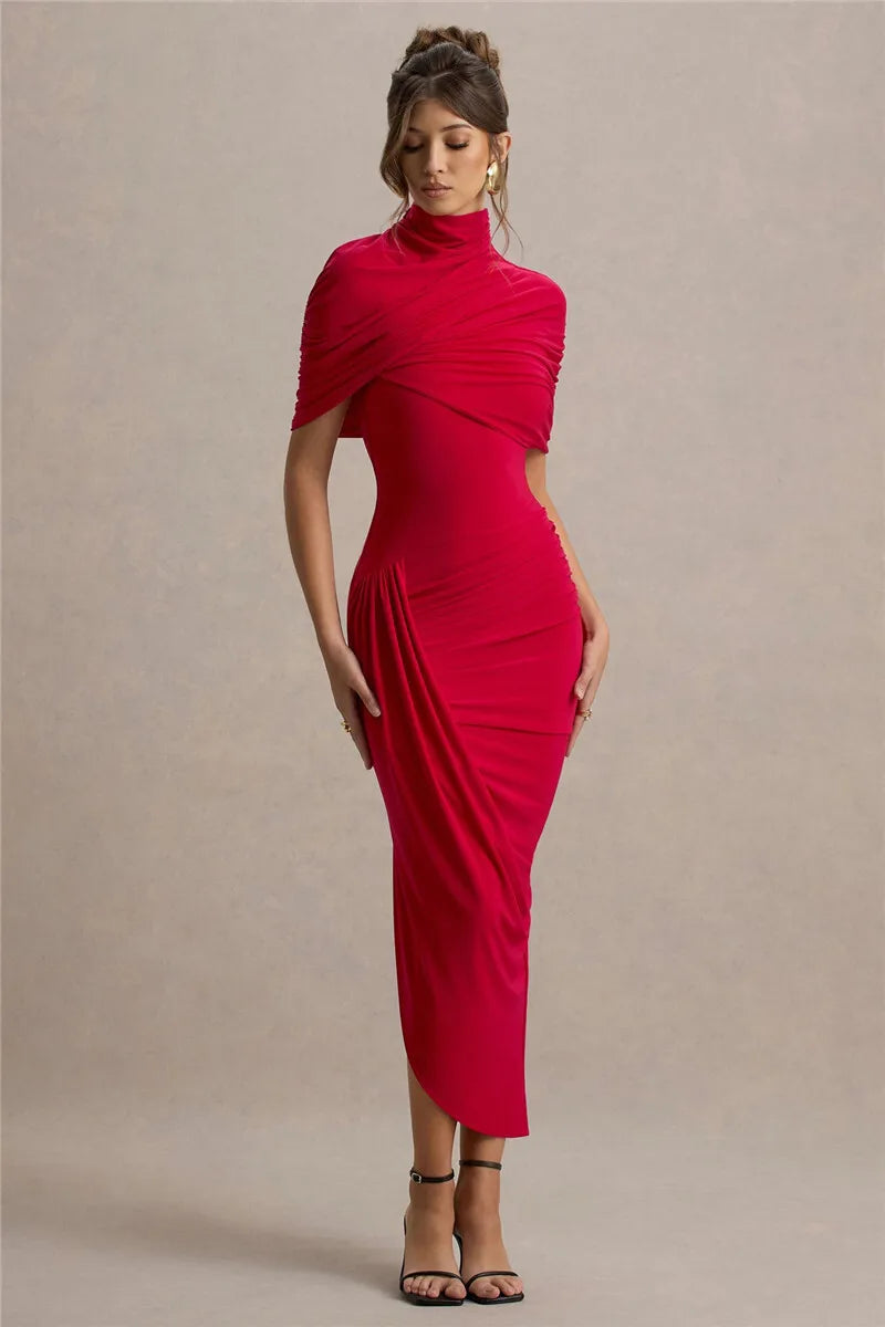 Arlenza — Backless Maxi Dress with Ruched Waist and Turtleneck