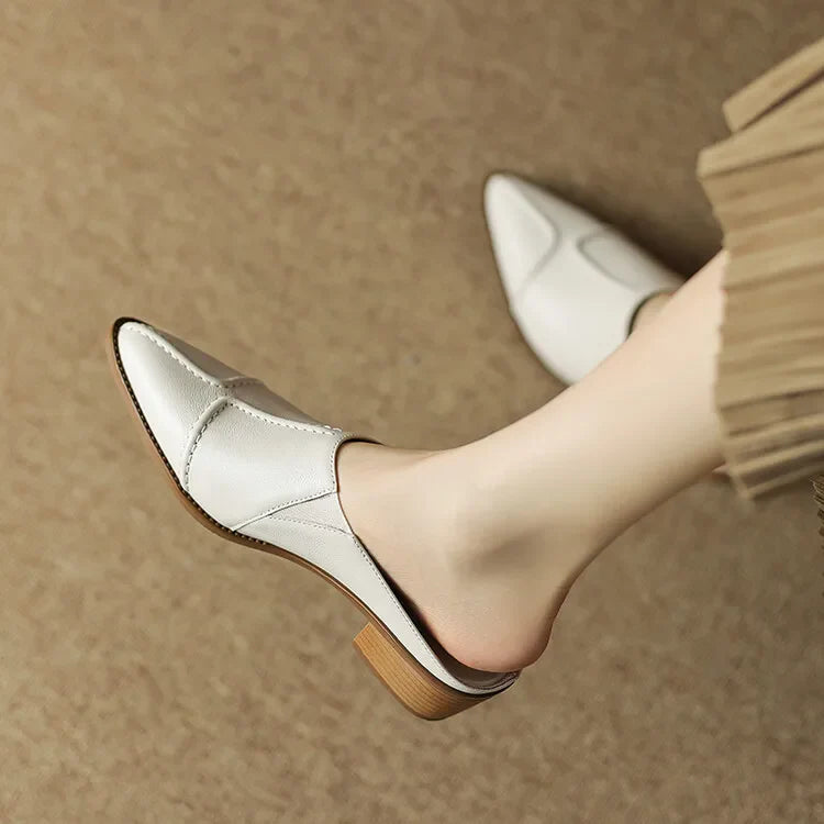 Elara — Hand-Stitched Leather Slip Mules with Wooden Heel
