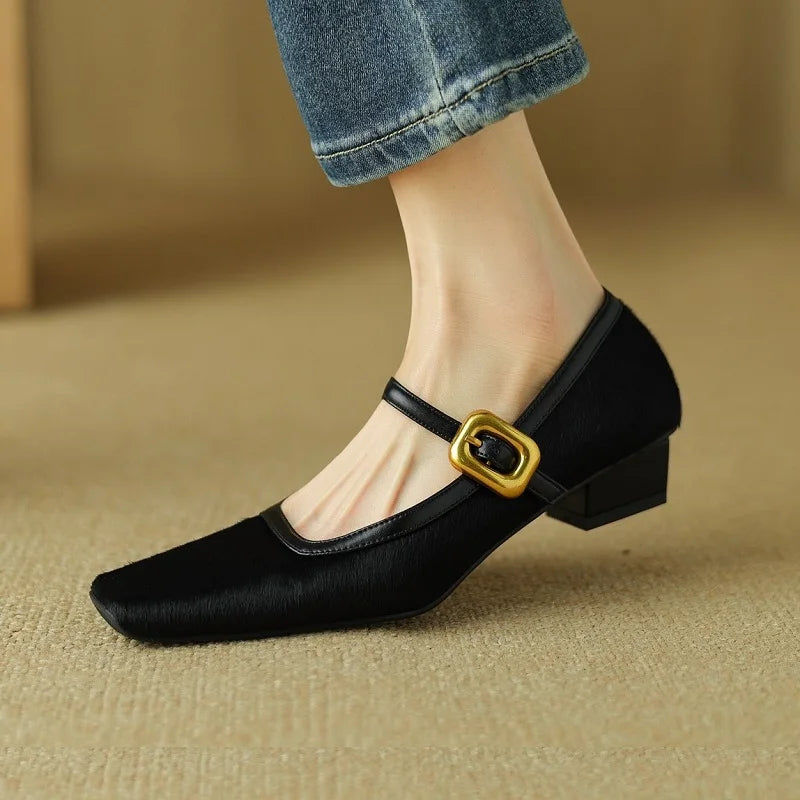 Embera — Genuine Horsehair Square-Toe Pumps with Low Block Heel
