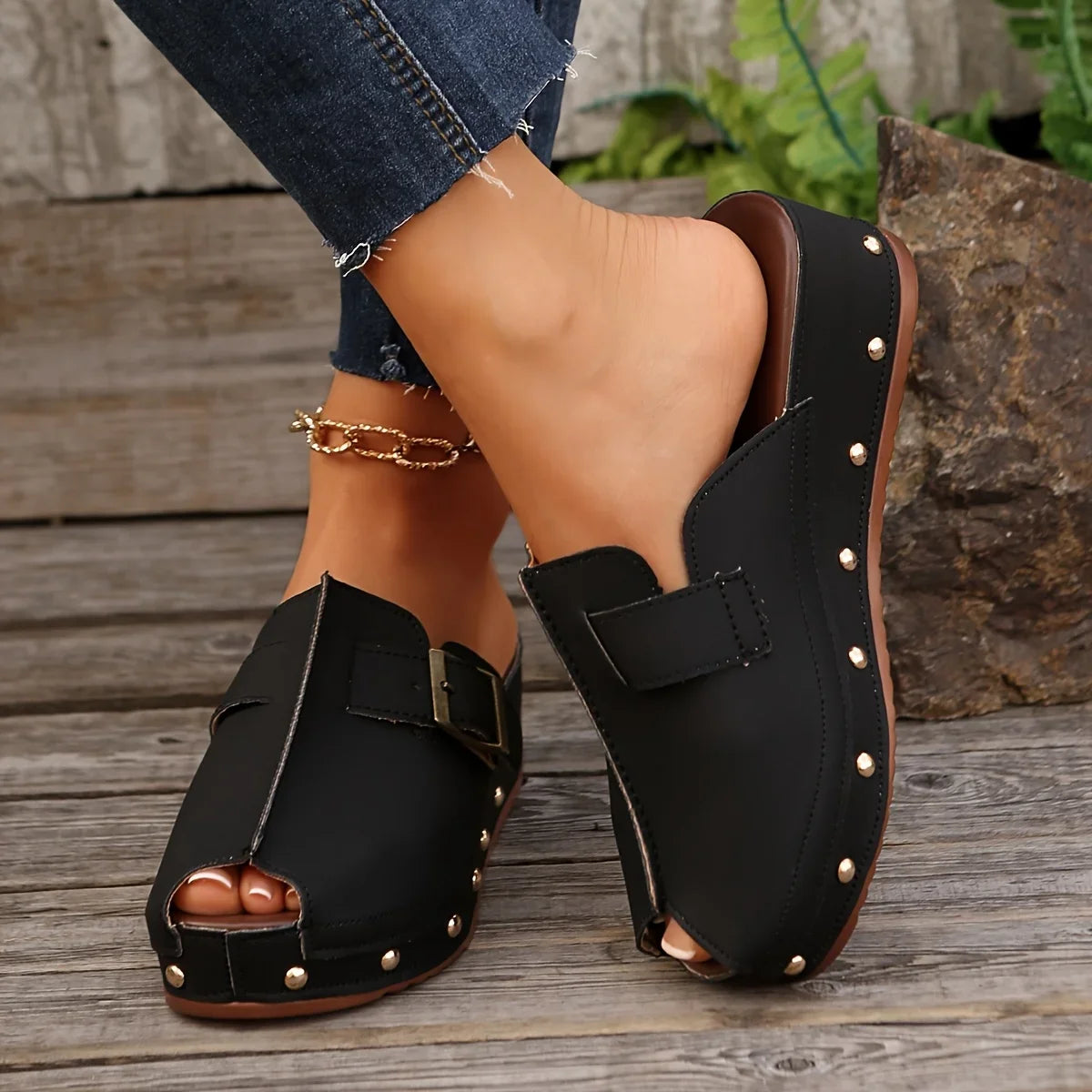 Liora — Women’s Vegan Leather Wedge Mules with Studded Sole