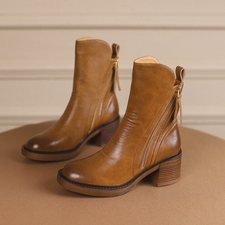 Vessara Vegan Leather Block-Heel Boots — Comfortable Zippered Fall Footwear