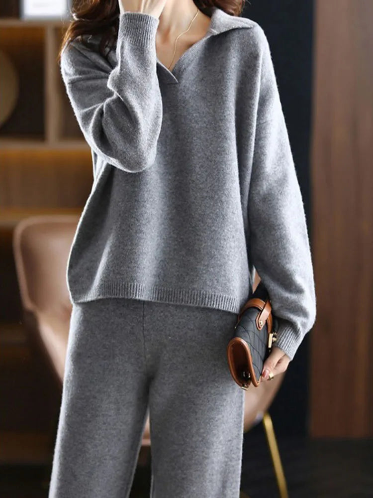 Liora — Cashmere Blend Polo Knit Two-Piece Set for Comfort