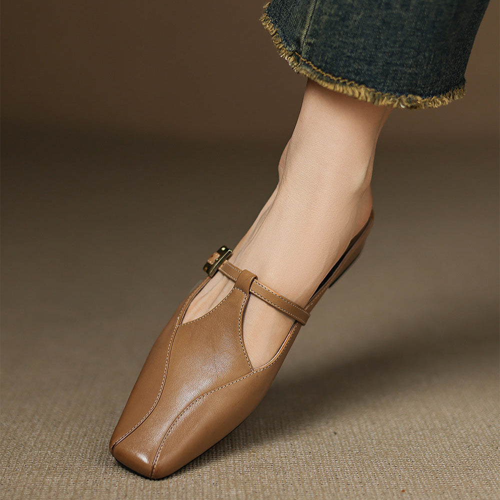 Velora — Genuine Leather T-Strap Mules with Cushioned Heel