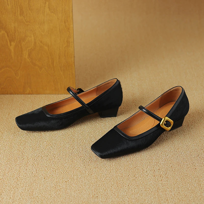 Embera — Genuine Horsehair Square-Toe Pumps with Low Block Heel