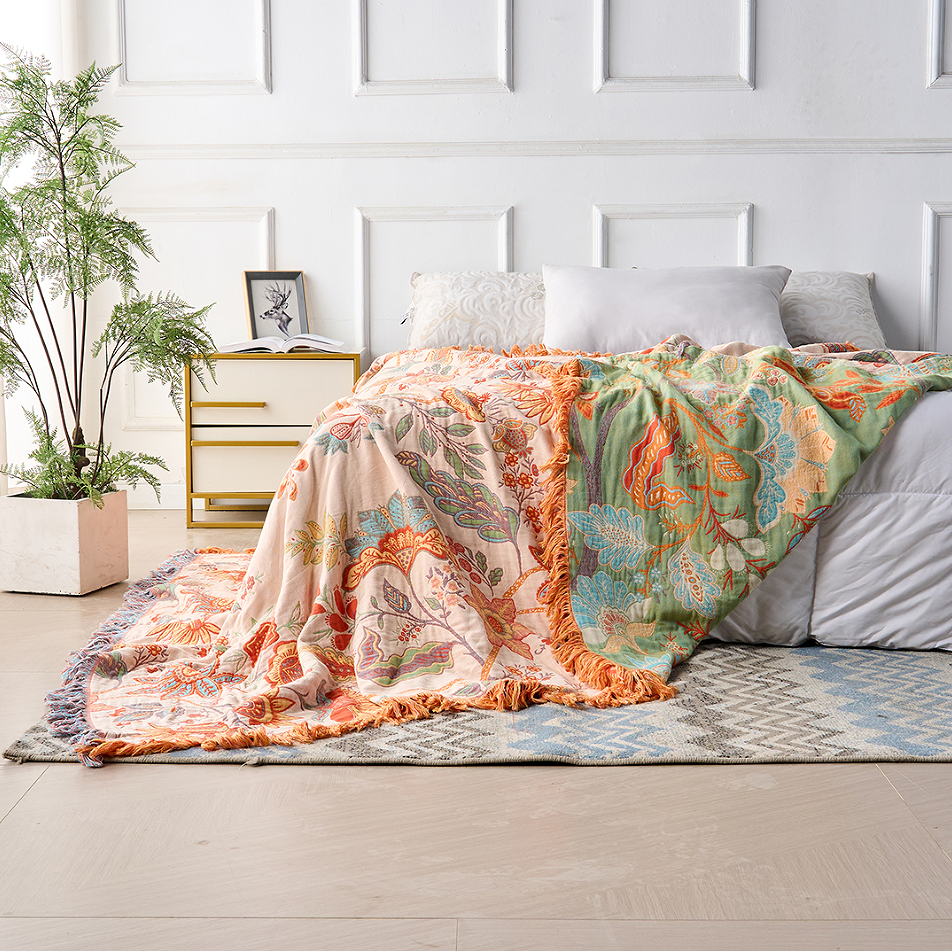Liora — Boho Floral Cotton Throw Blanket with Textured Fringe