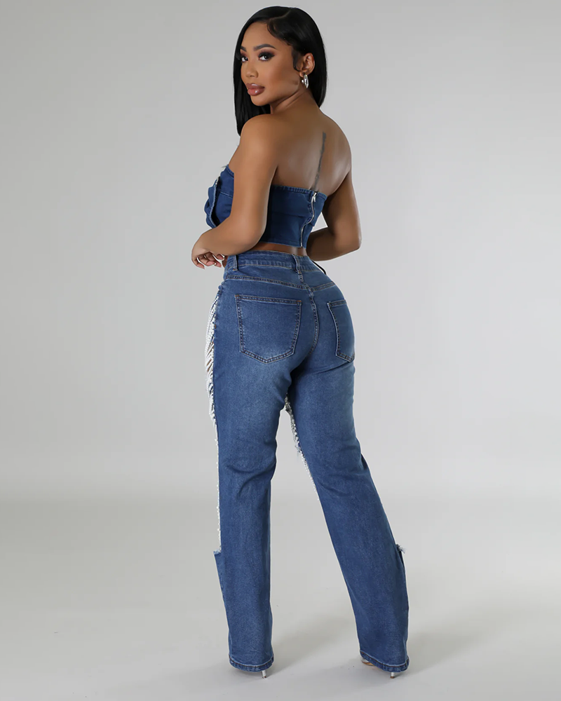 Norla — High-Waisted Pearl Embellished Stretch Jeans with Destroyed Finish