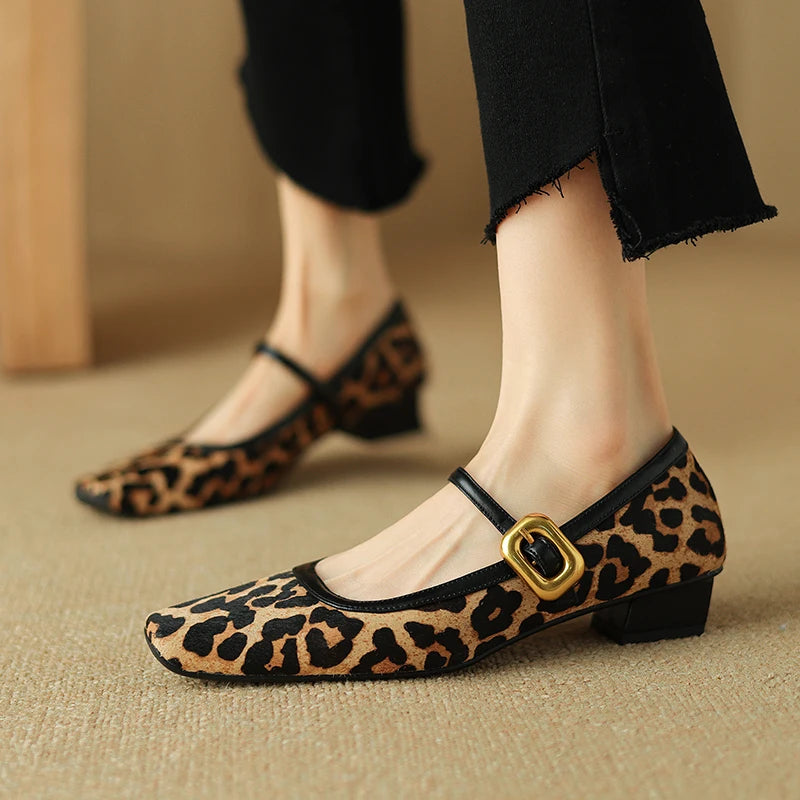Embera — Genuine Horsehair Square-Toe Pumps with Low Block Heel