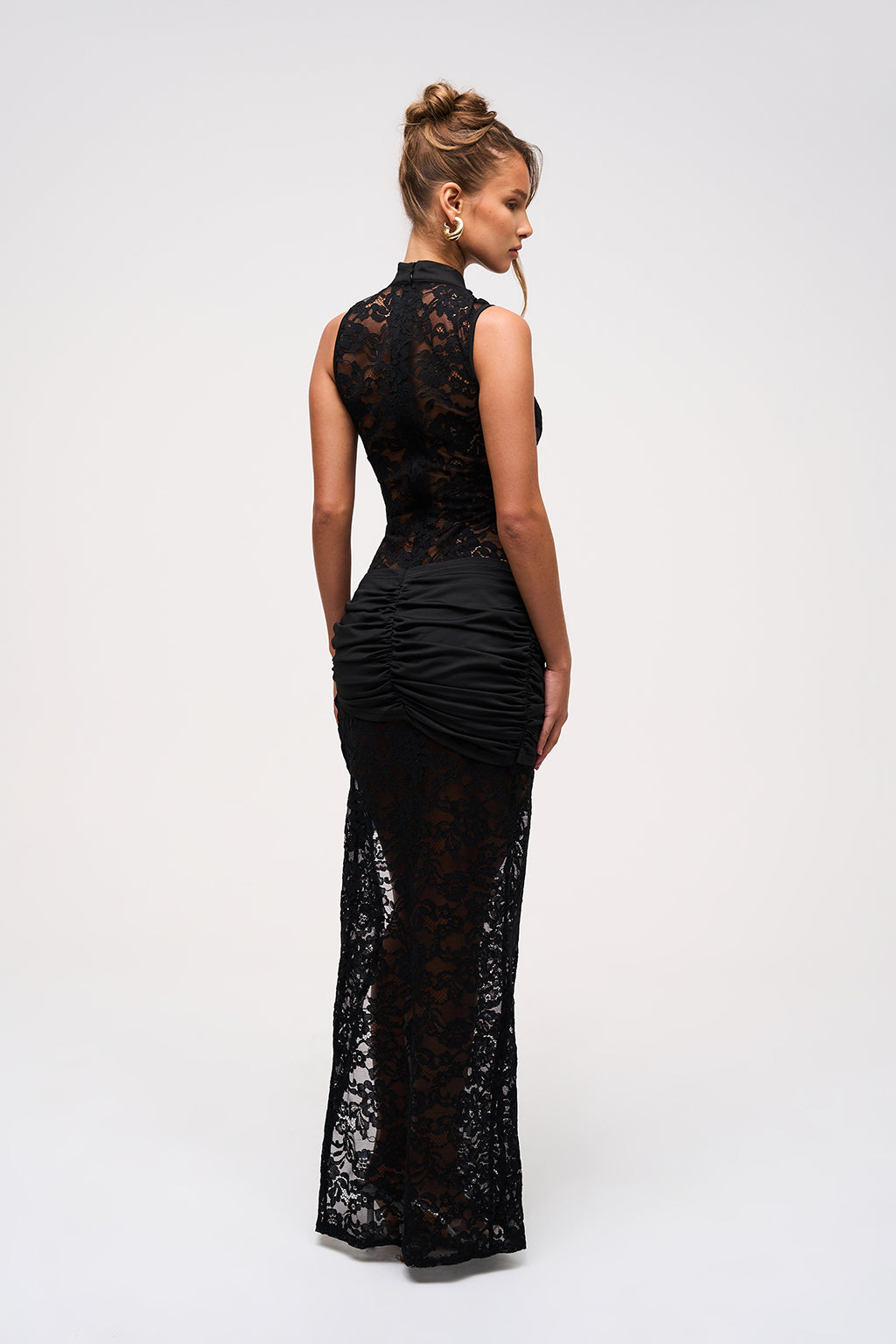 Arida — Elegant Thigh-High Lace Maxi Dress with Gold Accents