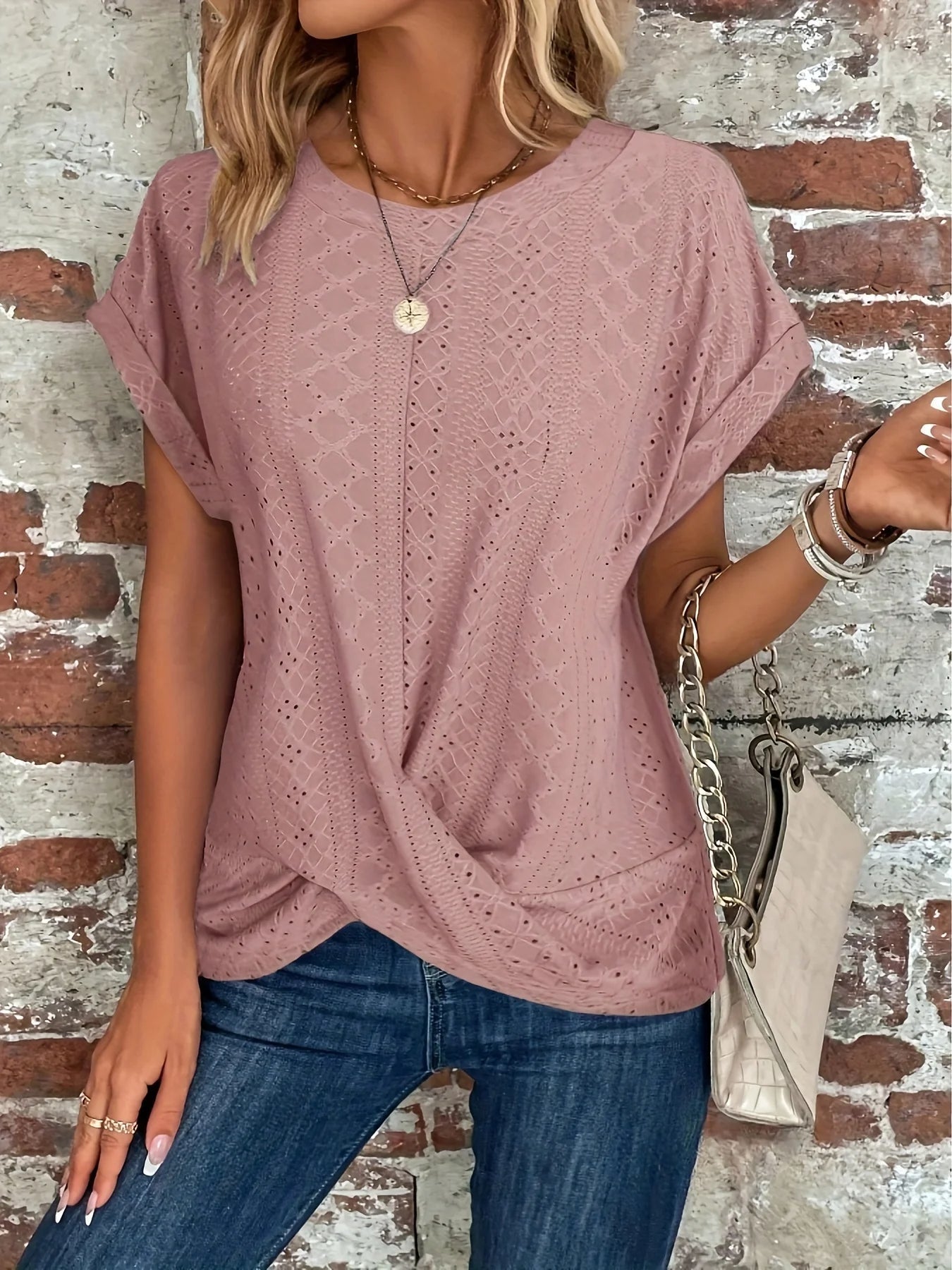 Liora Twist-Front Top — Women's Soft Knit Waffle Shirt with Sculpted Hem