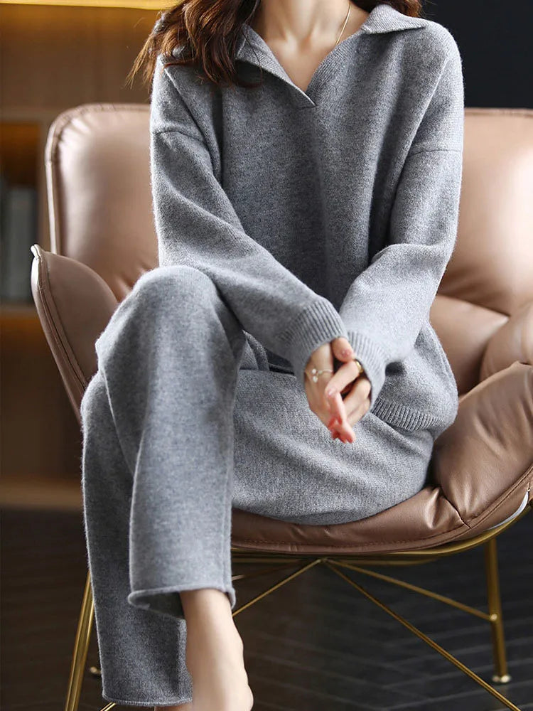 Liora — Cashmere Blend Polo Knit Two-Piece Set for Comfort