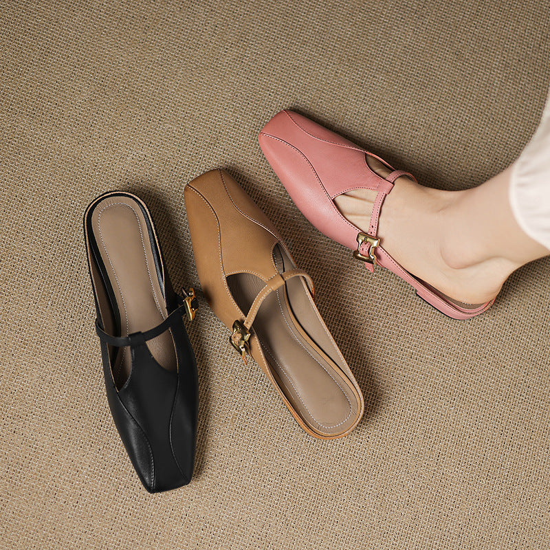 Velora — Genuine Leather T-Strap Mules with Cushioned Heel