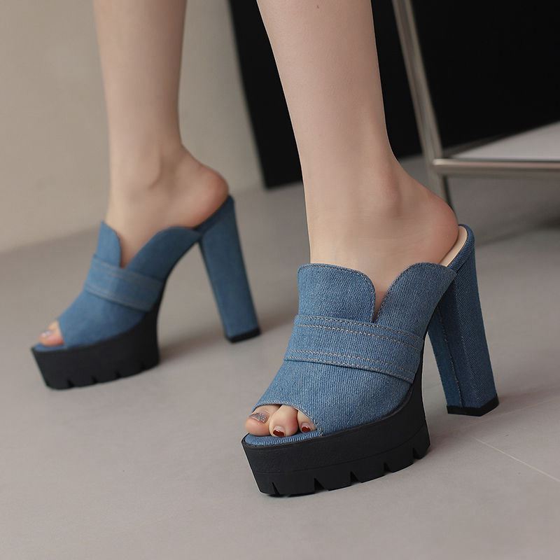Norla Chunky Heel Denim Sandals — Raw Denim Open-Toe Comfort Heels