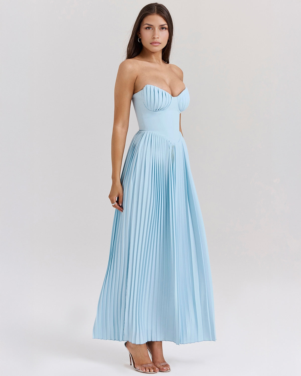 Erisca — Ocean Blue Pleated Maxi Dress with Structured Bodice
