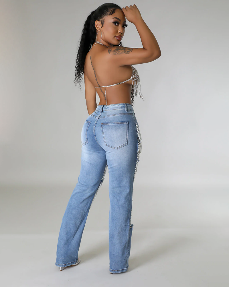 Norla — High-Waisted Pearl Embellished Stretch Jeans with Destroyed Finish