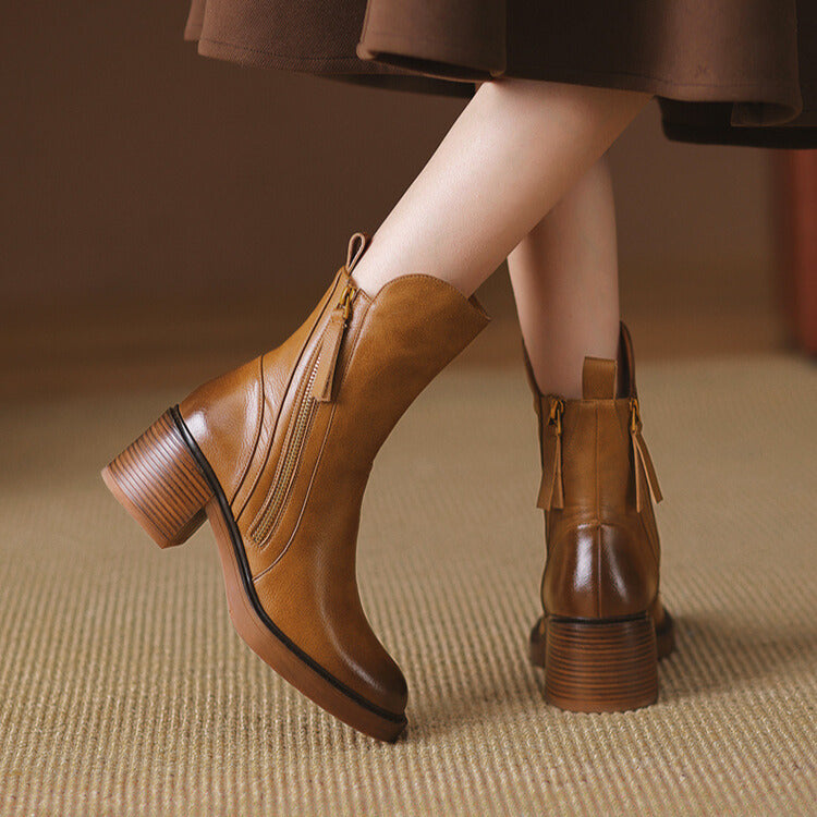 Vessara Vegan Leather Block-Heel Boots — Comfortable Zippered Fall Footwear
