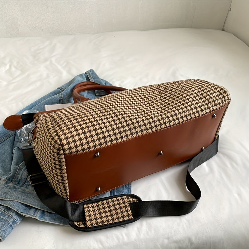 Lorian Weekender — Durable Houndstooth Canvas Travel Bag with Vegan Leather Trim