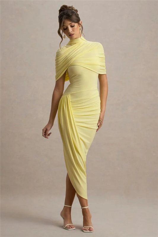 Arlenza — Backless Maxi Dress with Ruched Waist and Turtleneck