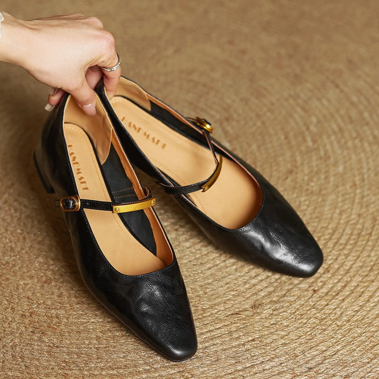 Ellara — Genuine Leather Mary Jane Pumps with Metal-Bit Strap