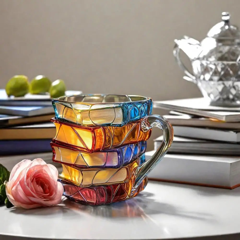 Aleron — 3D Acrylic Book Stack Coffee Mug with Stained-Glass Design