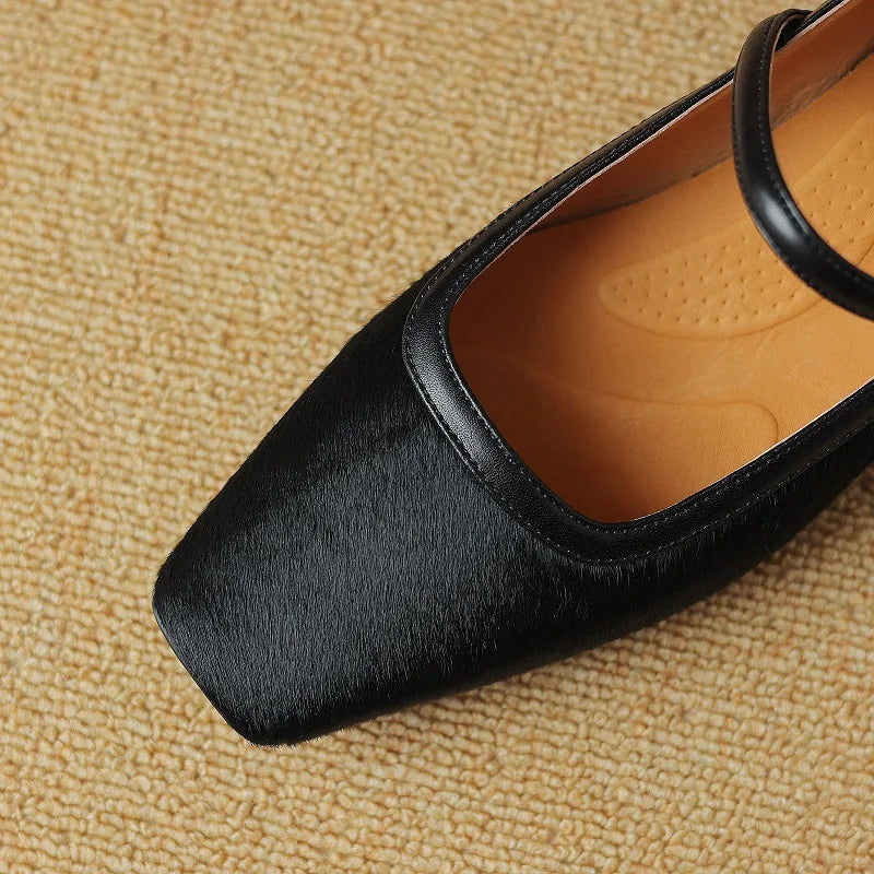 Embera — Genuine Horsehair Square-Toe Pumps with Low Block Heel