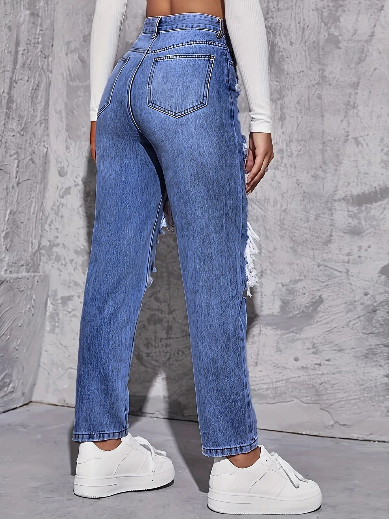 Maren Distress — High-Rise Straight Leg Denim Jeans