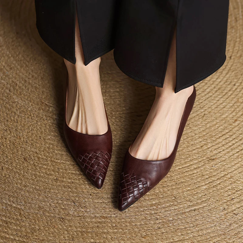 Emara Woven Leather Pumps — Genuine Leather Pointed Toe with Comfortable Wedge Heel