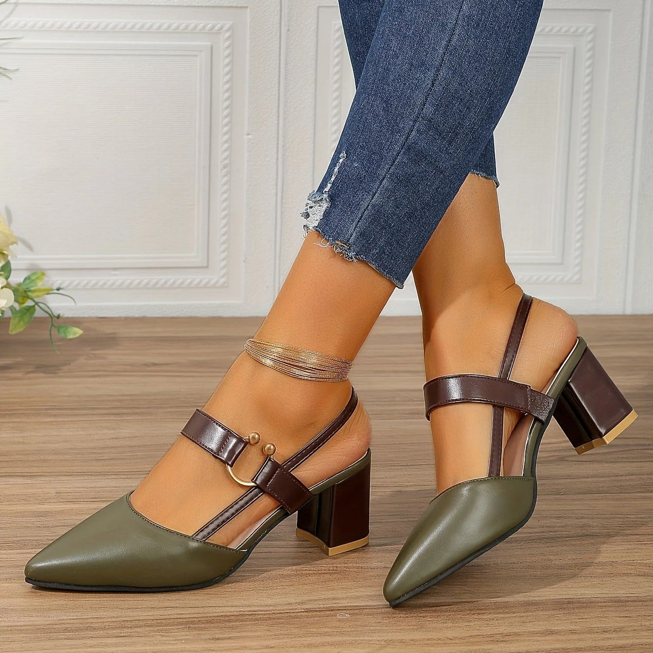 Elara Slingback Heels — Double Strap Pointed Toe Block Heel with Gold Detail