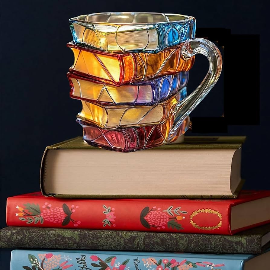 Aleron — 3D Acrylic Book Stack Coffee Mug with Stained-Glass Design