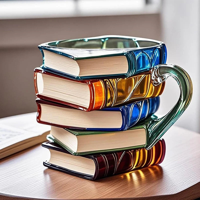 Aleron — 3D Acrylic Book Stack Coffee Mug with Stained-Glass Design