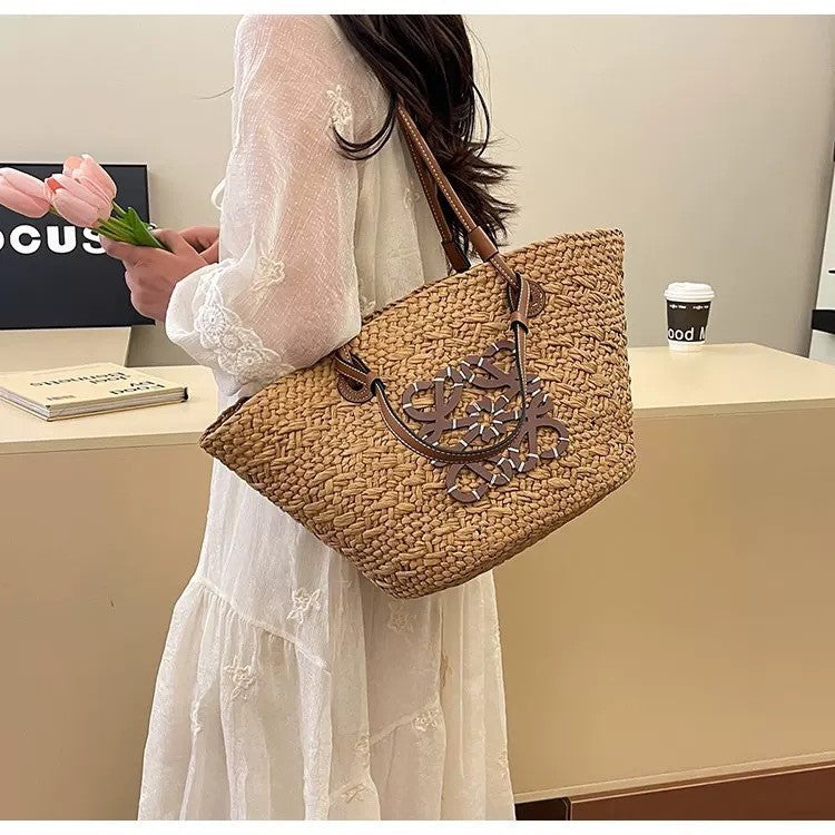 Liora — Handcrafted Straw Beach Bag with Adjustable Faux Leather Handles