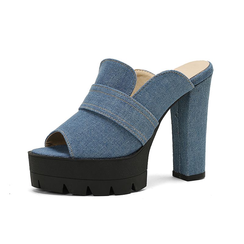 Norla Chunky Heel Denim Sandals — Raw Denim Open-Toe Comfort Heels