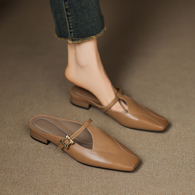Velora — Genuine Leather T-Strap Mules with Cushioned Heel