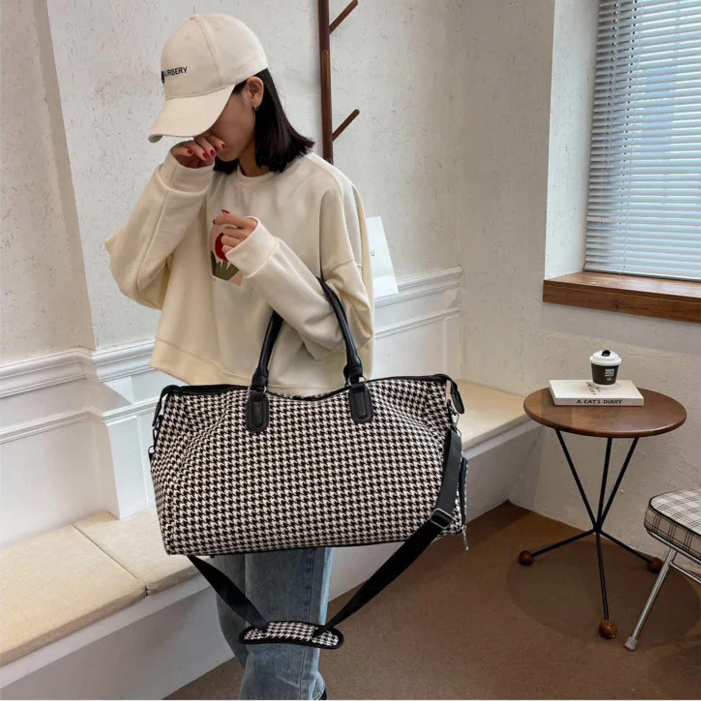 Lorian Weekender — Durable Houndstooth Canvas Travel Bag with Vegan Leather Trim