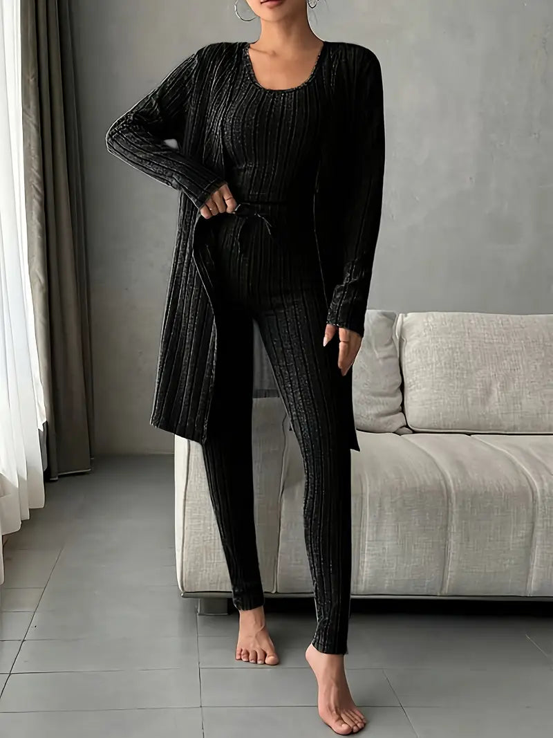 Vesira — 3-Piece Ribbed Knit Lounge Set with Slim Fit