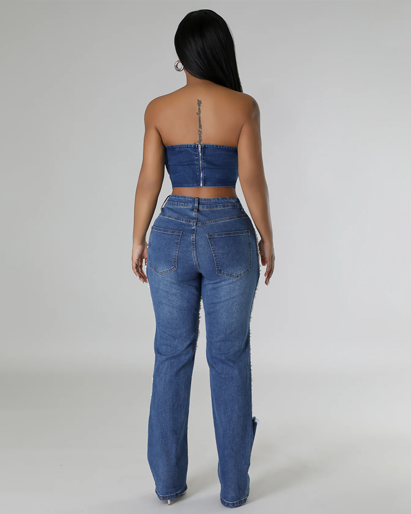 Norla — High-Waisted Pearl Embellished Stretch Jeans with Destroyed Finish