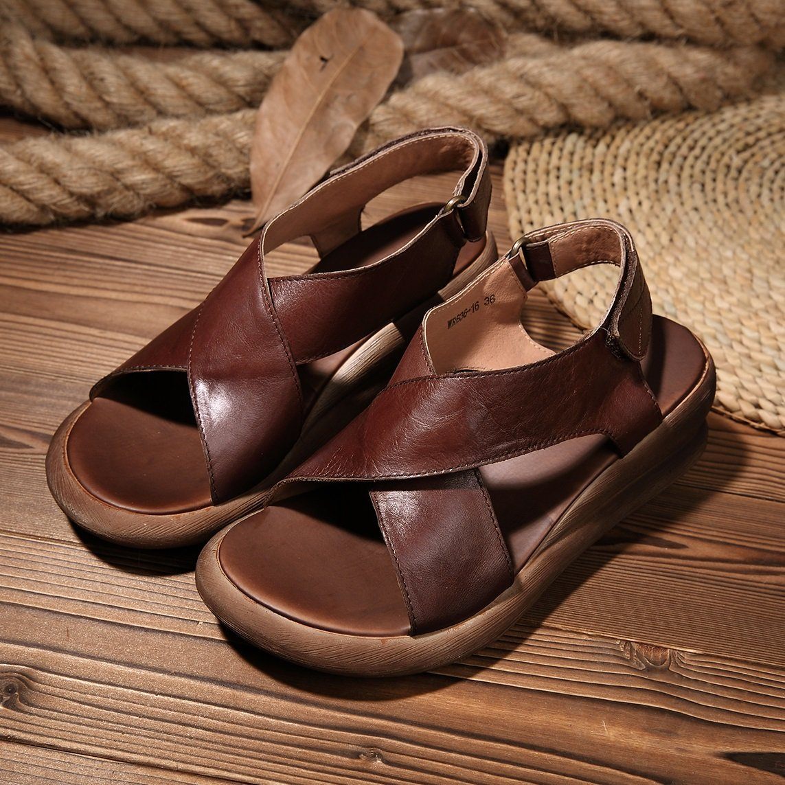 Kintara Wedge Sandals Khaki/Coffee Leather Platforms X-Strap Sandals