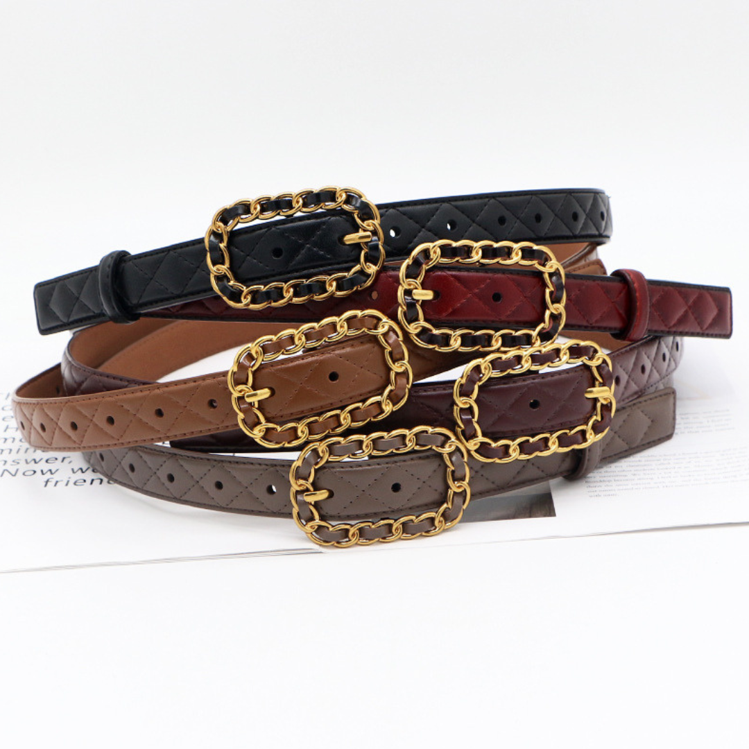 Ardena — Quilted Vegan Leather Belt with Gold Chain Buckle